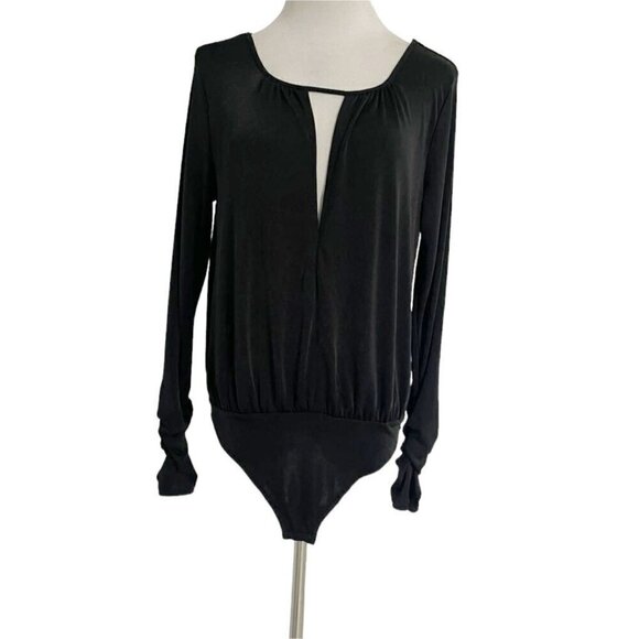 Free People Size Medium Bodysuit Black Long Sleeve Deep V - Picture 1 of 6